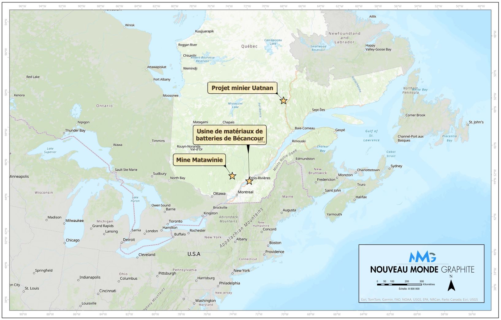 Les projets NMG placés sur la carte du Québec.