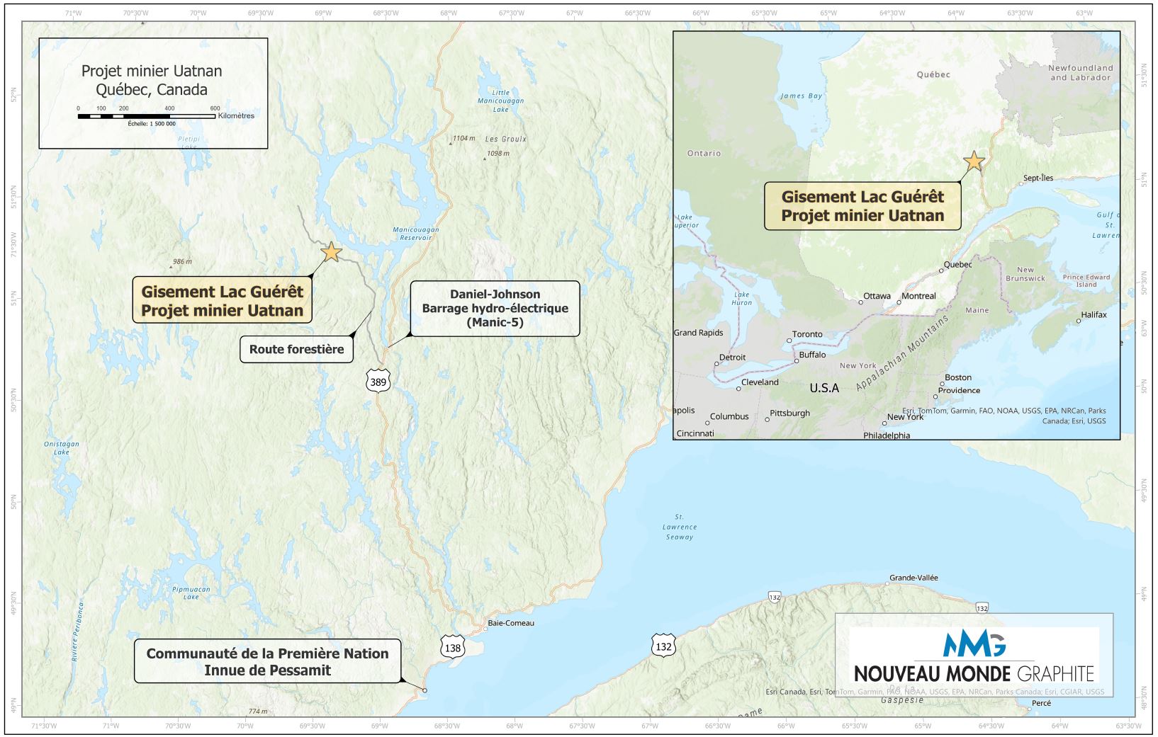 Le projet Uatnan de NMG sur la carte du Québec.