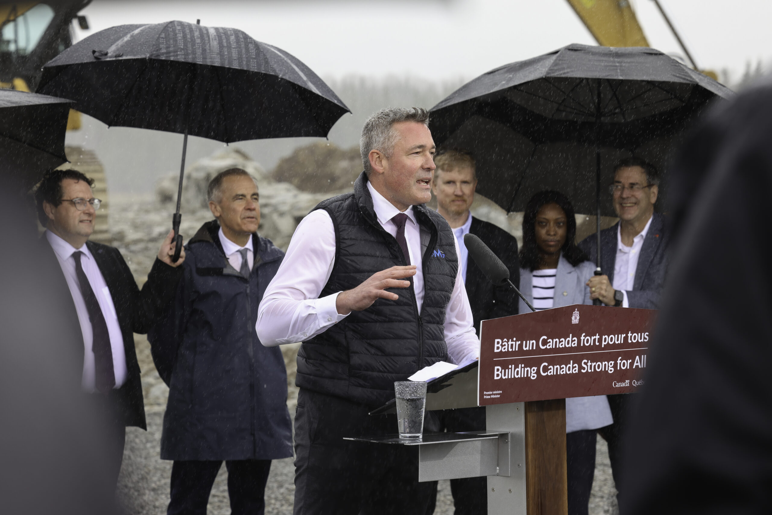 Eric Desaulniers, President and CEO of Nouveau Monde Graphite, addresses the audience during the groundbreaking ceremony officially marking the launch of construction of Phase-2 Matawinie mine.